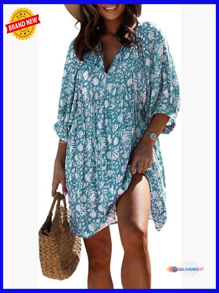 Bohemian Floral Mini Tunic Dress With V Neckline And Ruffle Hem